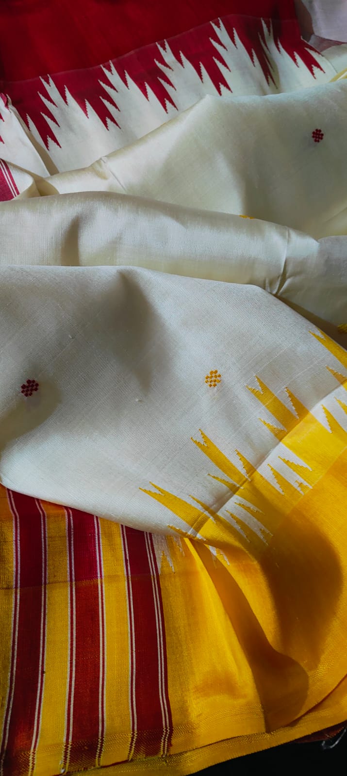 Berhampuri Double Pallu Pure Mulberry Silk Saree - Pearl White with Ganga Jamuna Border