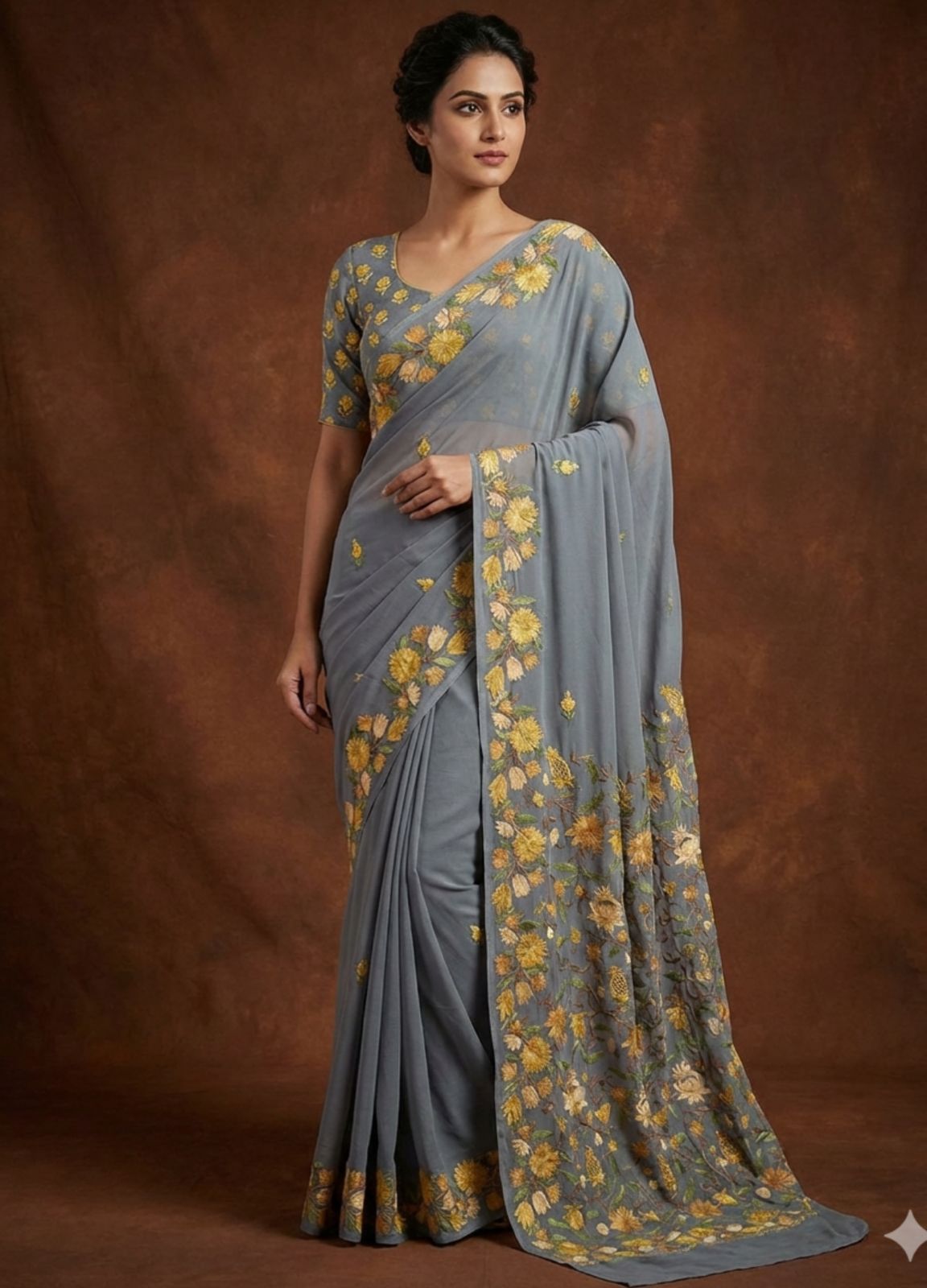 Beautiful Kashmiri Handloom Crepe Saree With Authentic Aari Embroidery Work