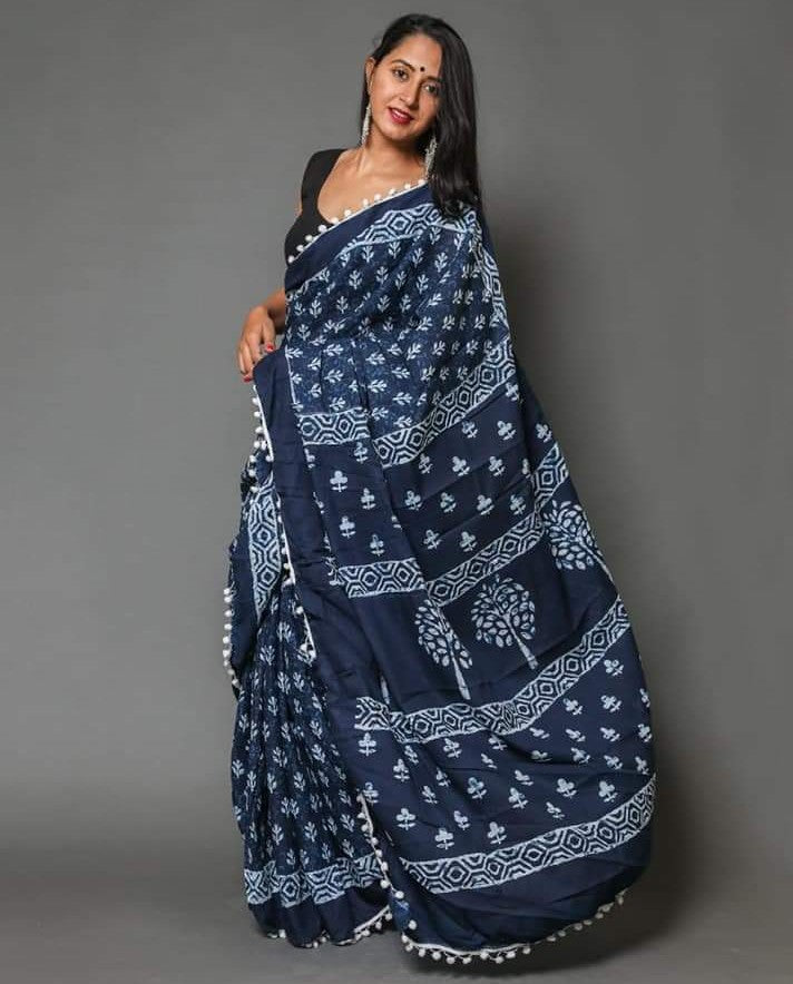 Indigo Bagru Block Print Pure Cotton Mulmul Saree Accessorised With Tassels