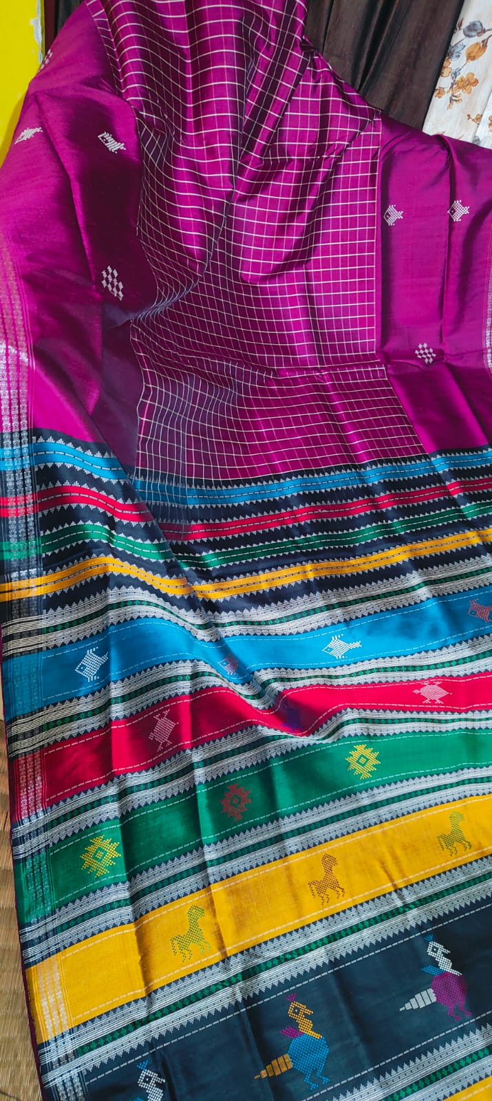 Stunning New Pattern Berhampuri Double Pallu Silk Saree with Multicolor Heavy Thread Work