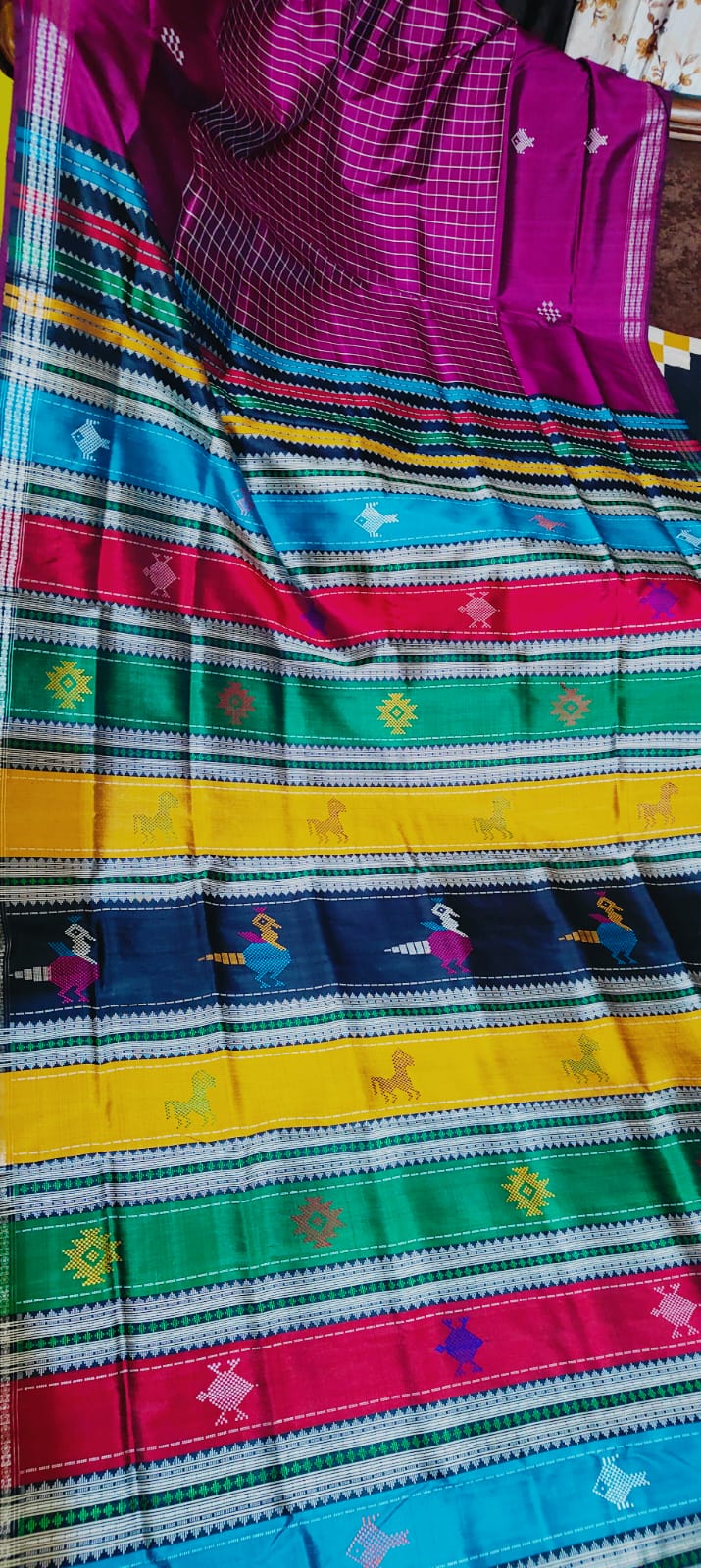 Vibrant Magenta Checkered Pallu Multicolored Border Berhampuri Mulberry Silk Saree