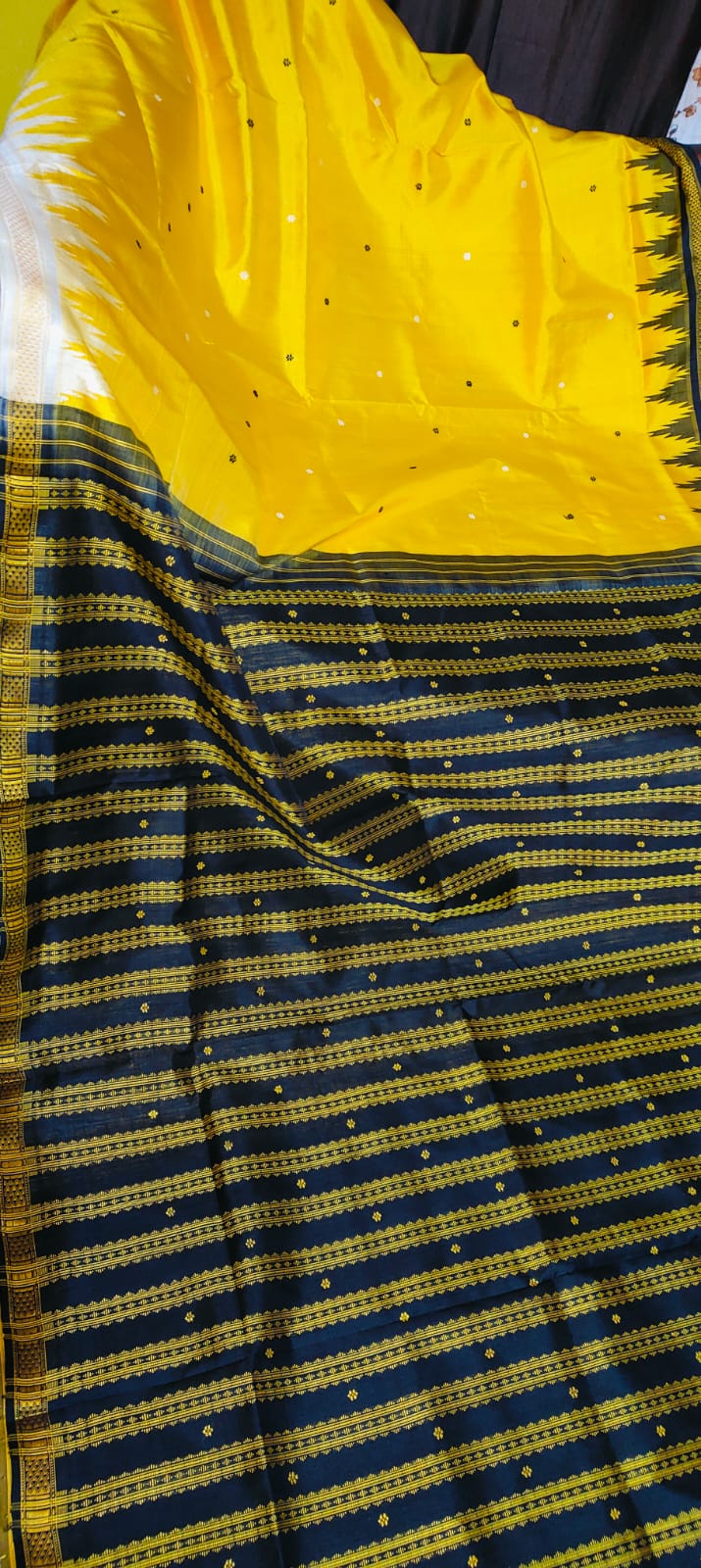 Stunning Yellow Pure Mulberry Silk Berhampuri Double Pallu Patta Saree With ganga Jamuna Phodakumbha Border