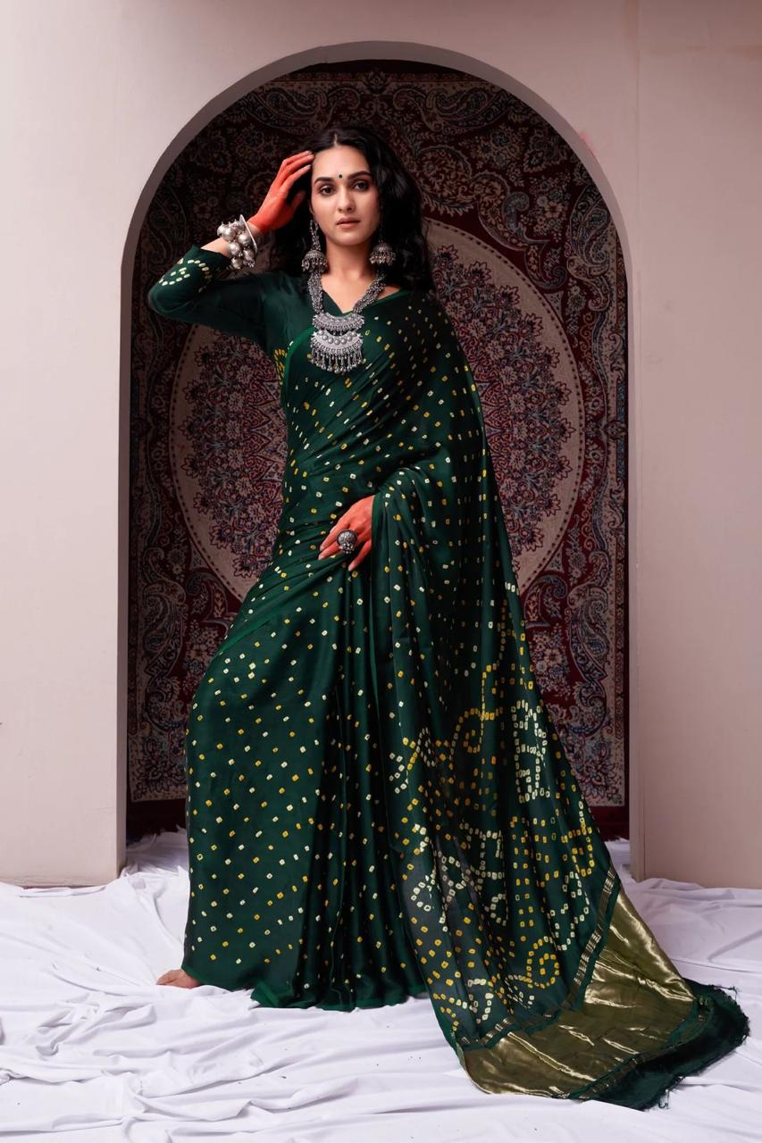 Bandhani Gaji Silk Saree - Ek Dani Lagadi Patta with Blouse & Roll Press