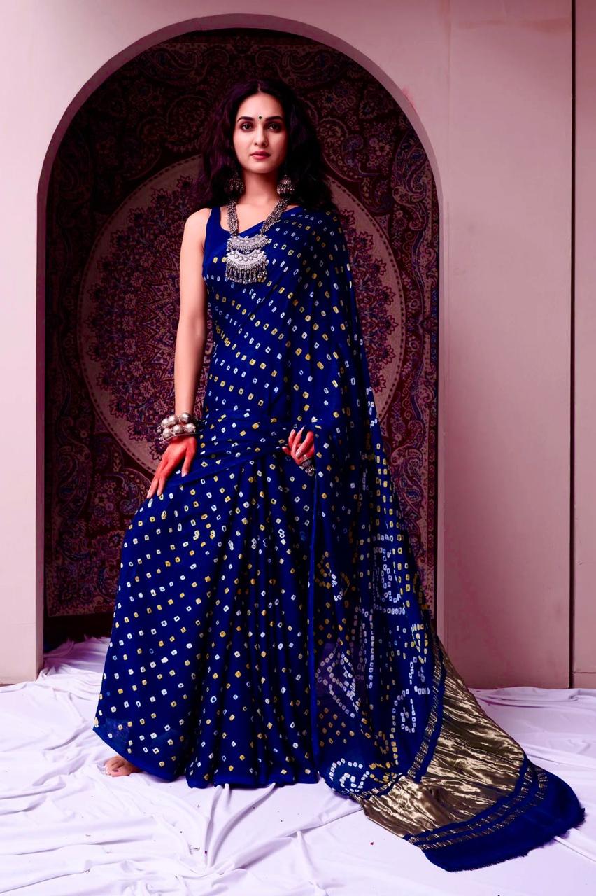 Bandhani Gaji Silk Saree - Ek Dani Lagadi Patta with Blouse & Roll Press
