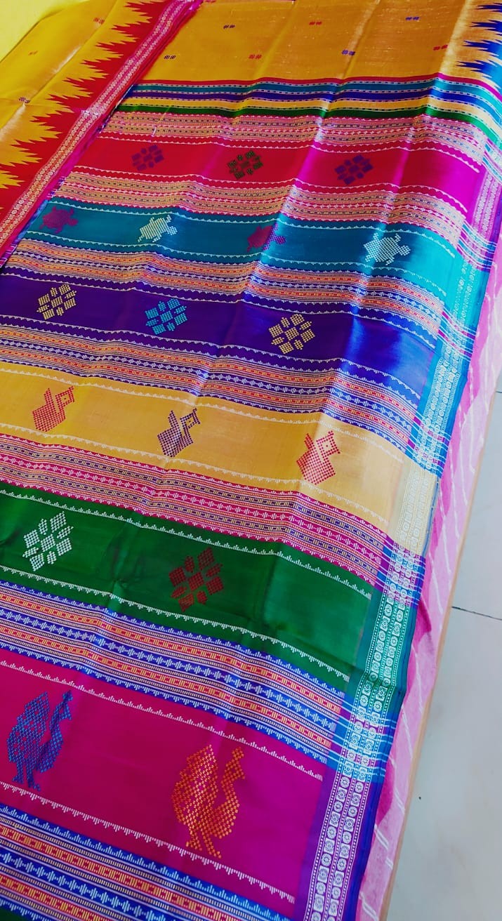 Golden Yellow Berhampuri Silk Saree - Dual Shade Double Pallu with Ganga Jamuna Border