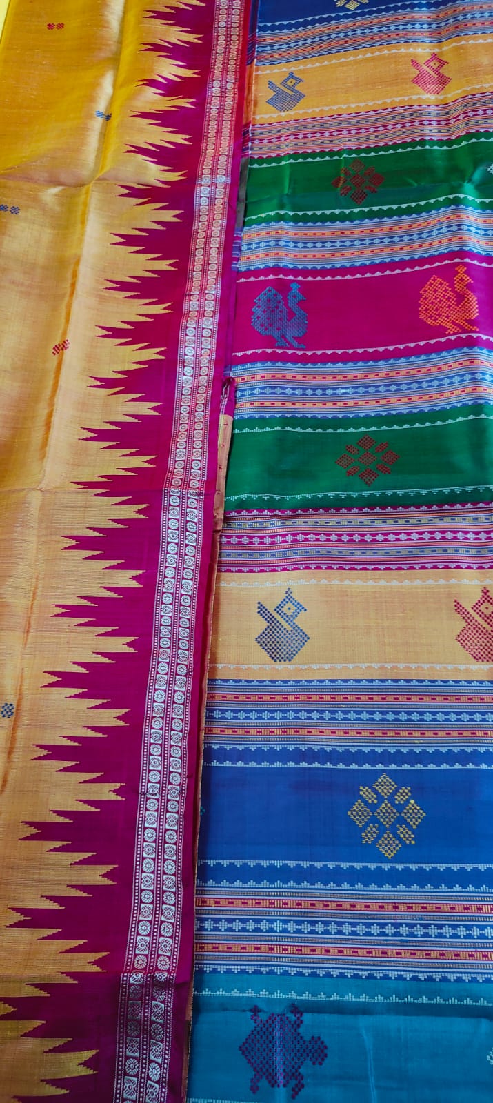 Golden Yellow Berhampuri Silk Saree - Dual Shade Double Pallu with Ganga Jamuna Border