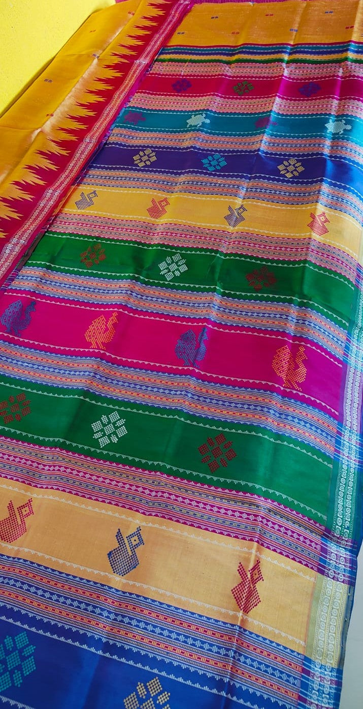 Golden Yellow Berhampuri Silk Saree - Dual Shade Double Pallu with Ganga Jamuna Border