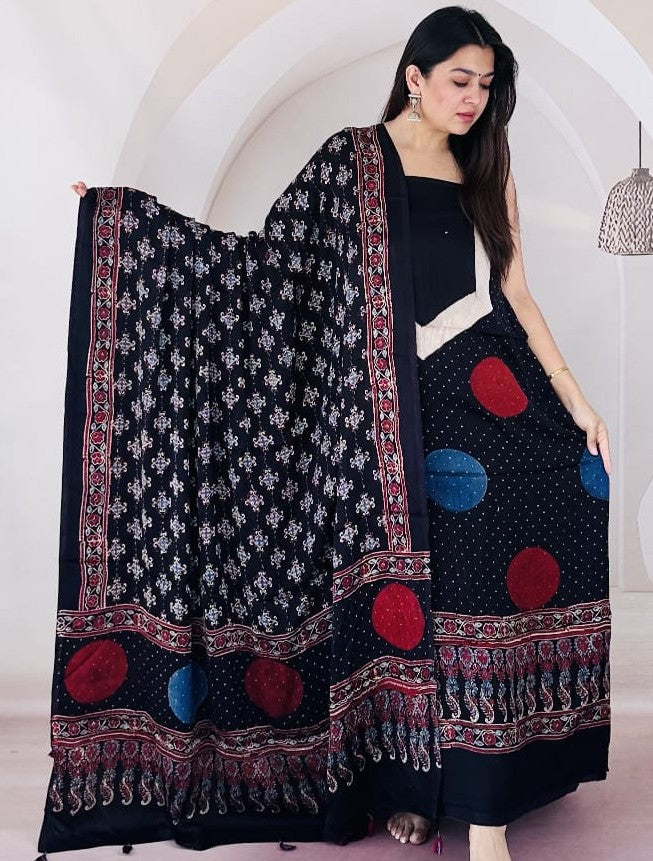 Pure Modal Silk Ajrakh Print Salwar Suit Set  | Unstitched | Top & Dupatta
