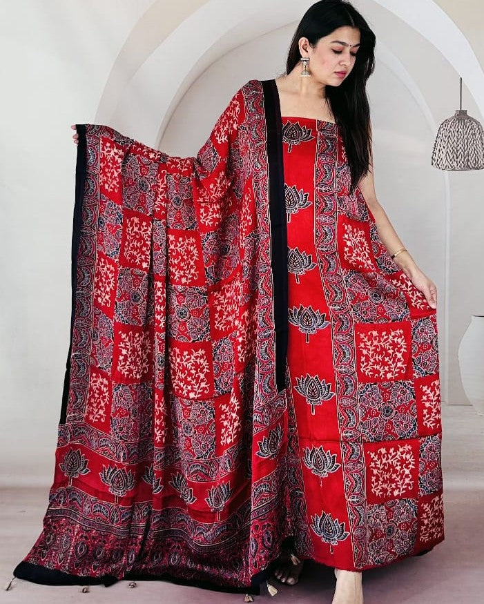 Pure Modal Silk Ajrakh Print Salwar Suit Set | Unstitched | Top & Dupatta