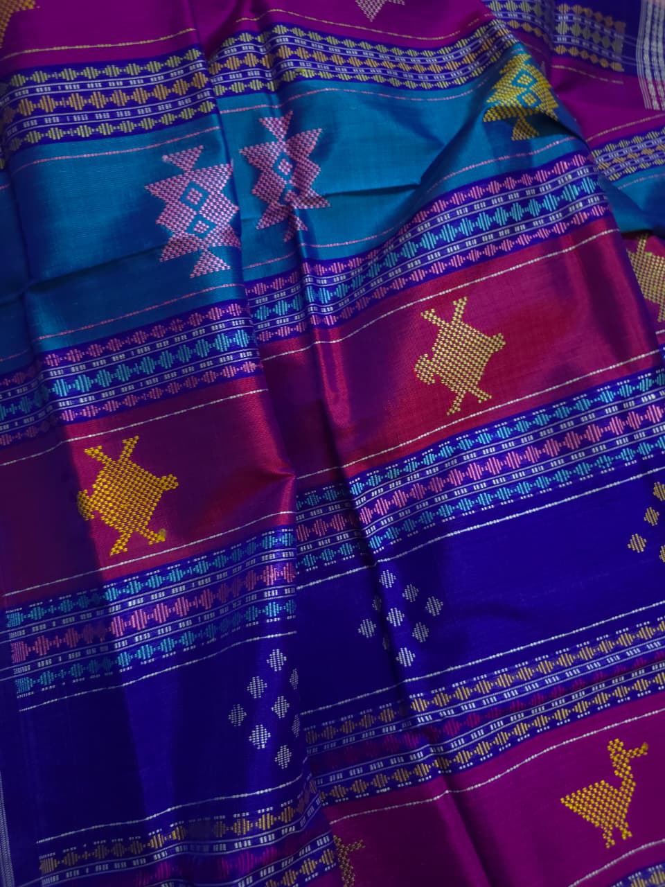 Dual Tone Mustard Gold & Royal Blue — Berhampuri Patta Silk Saree