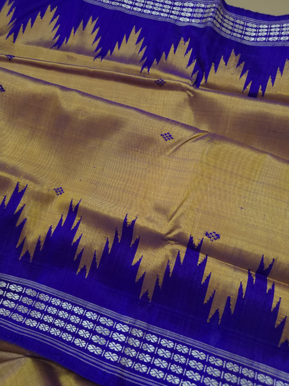 Dual Tone Mustard Gold & Royal Blue — Berhampuri Patta Silk Saree