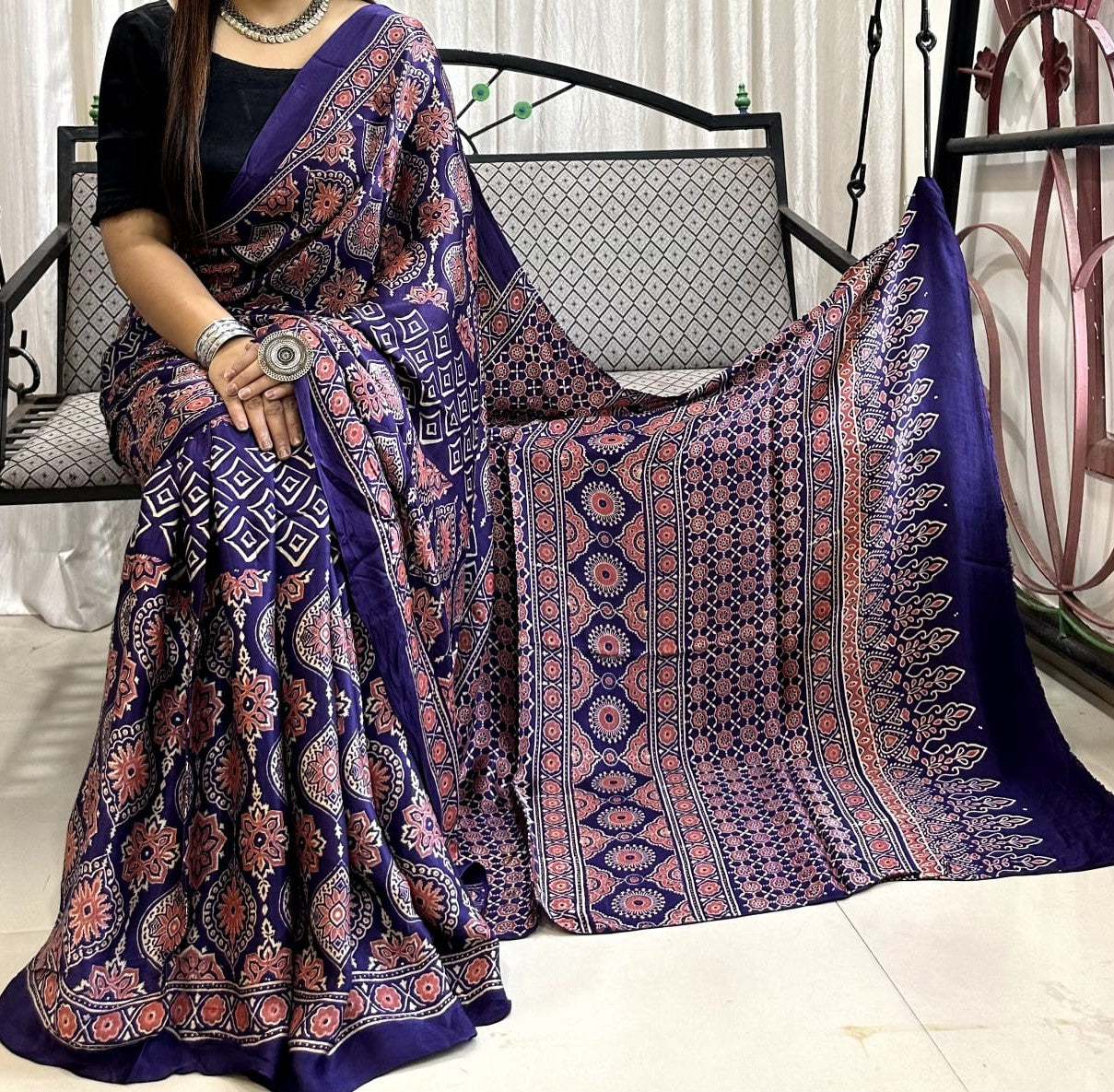 Ajrakh Handblock Print Pure Modal Silk Saree