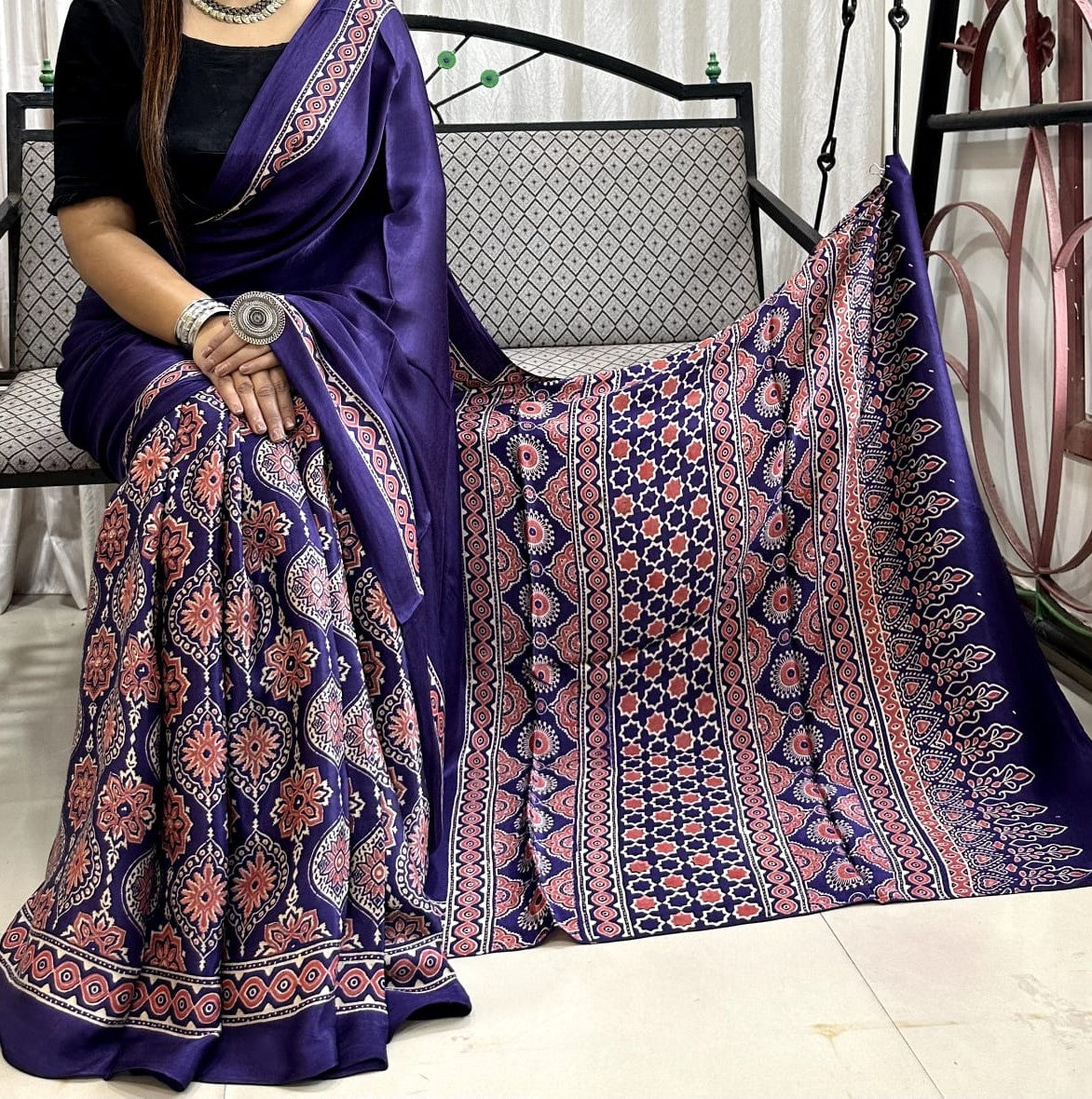 Ajrakh Handblock Print Pure Modal Silk Saree