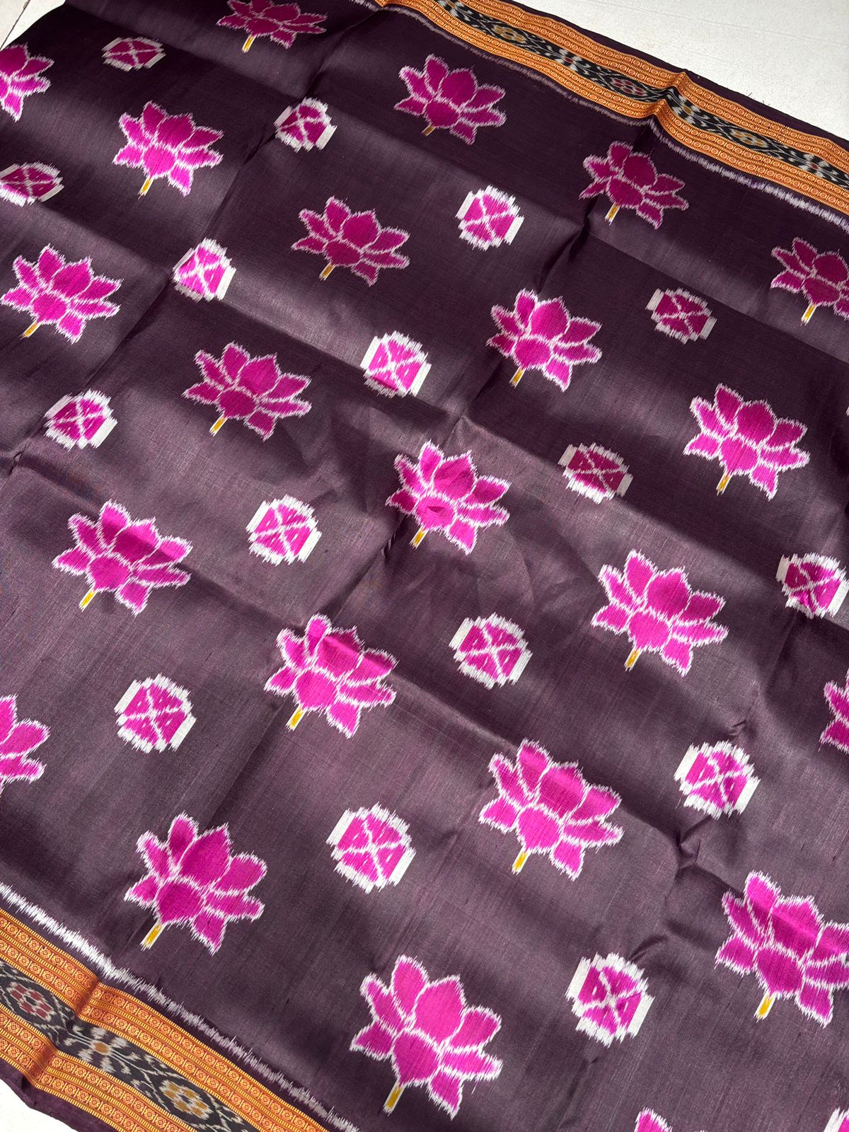 Exclusive Khandua Bandha Silk Saree | 4-Ply | Coffee &amp; Pink | Lotus Motifs