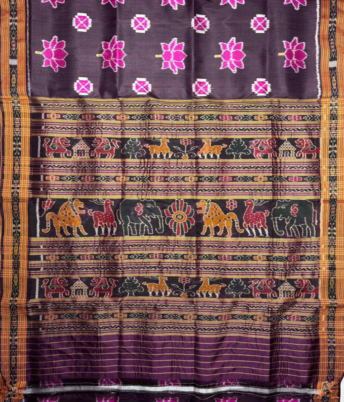 Exclusive Khandua Bandha Silk Saree | 4-Ply | Coffee &amp; Pink | Lotus Motifs