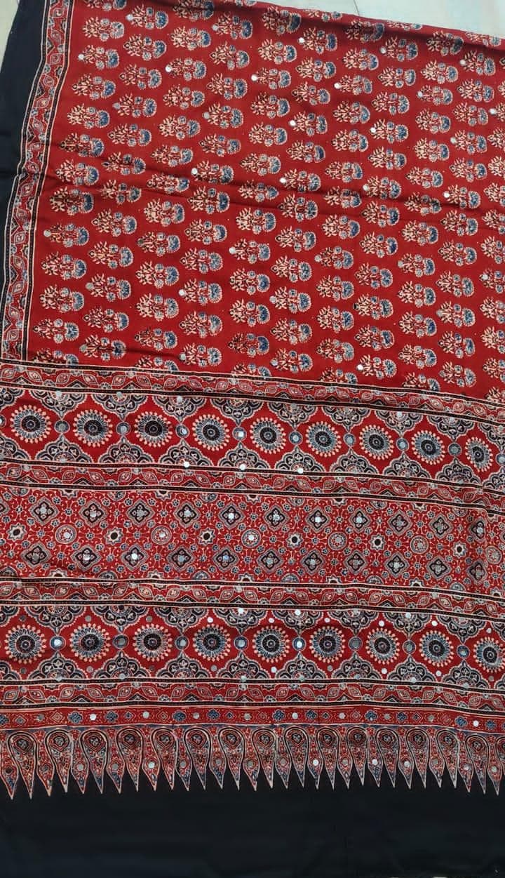 Ajrakh Handblock Pure Modal Silk Saree with Mirror Work