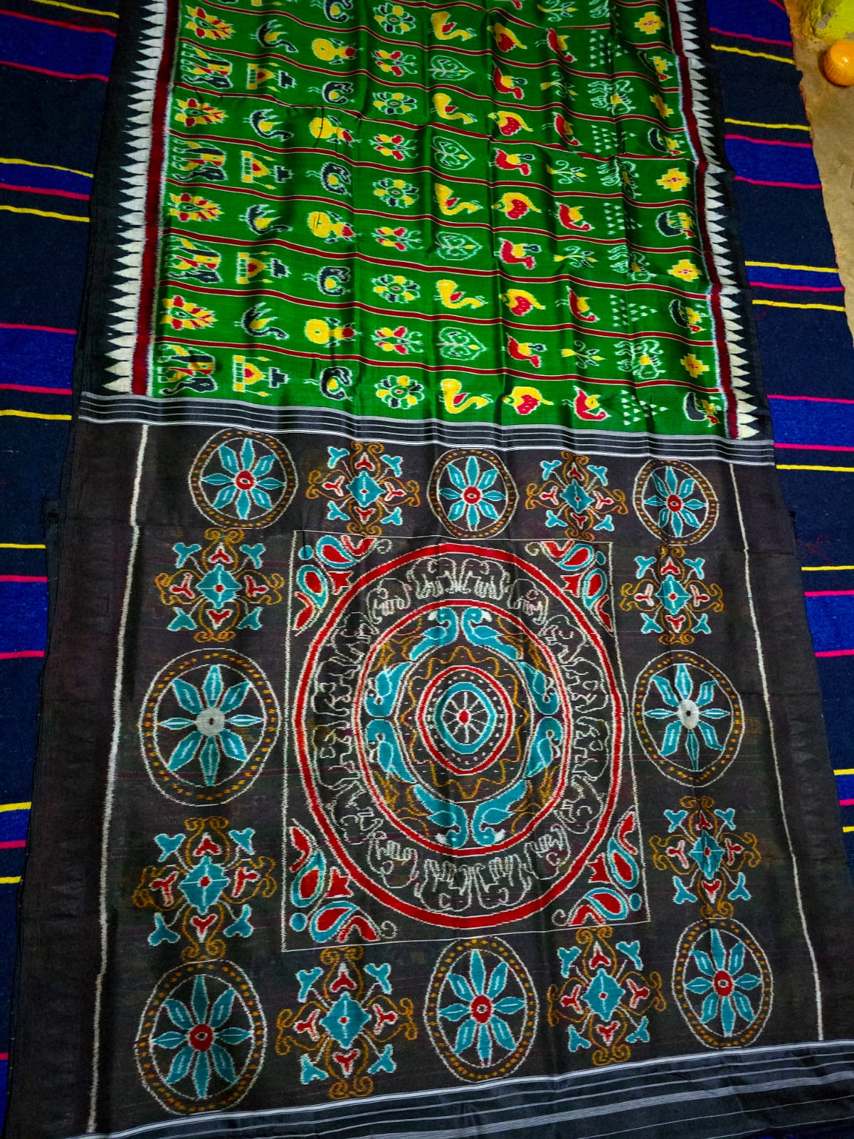 Nabakoti Khandua Silk Saree | Green Body Black Pallu | 4 Ply Mulberry Silk