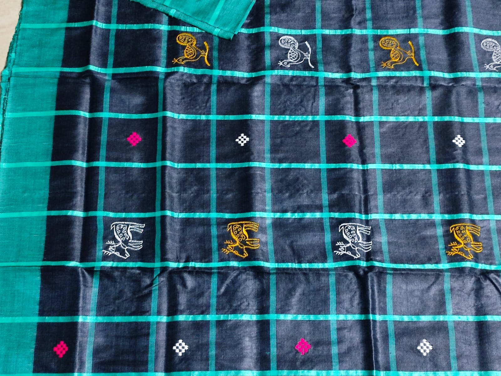 Handwoven Santali Tribal Pure Tussar Silk Saree with Check Body Contrast