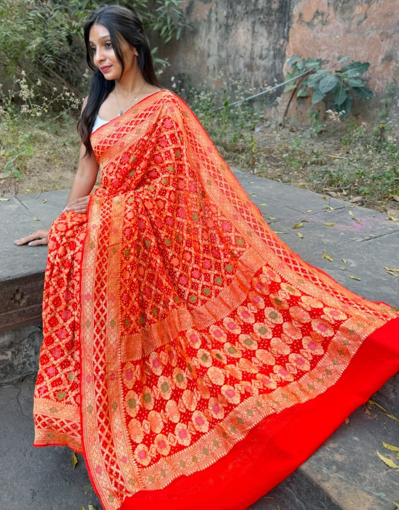 Pure Handloom Khadi Georgette Bandhej Saree