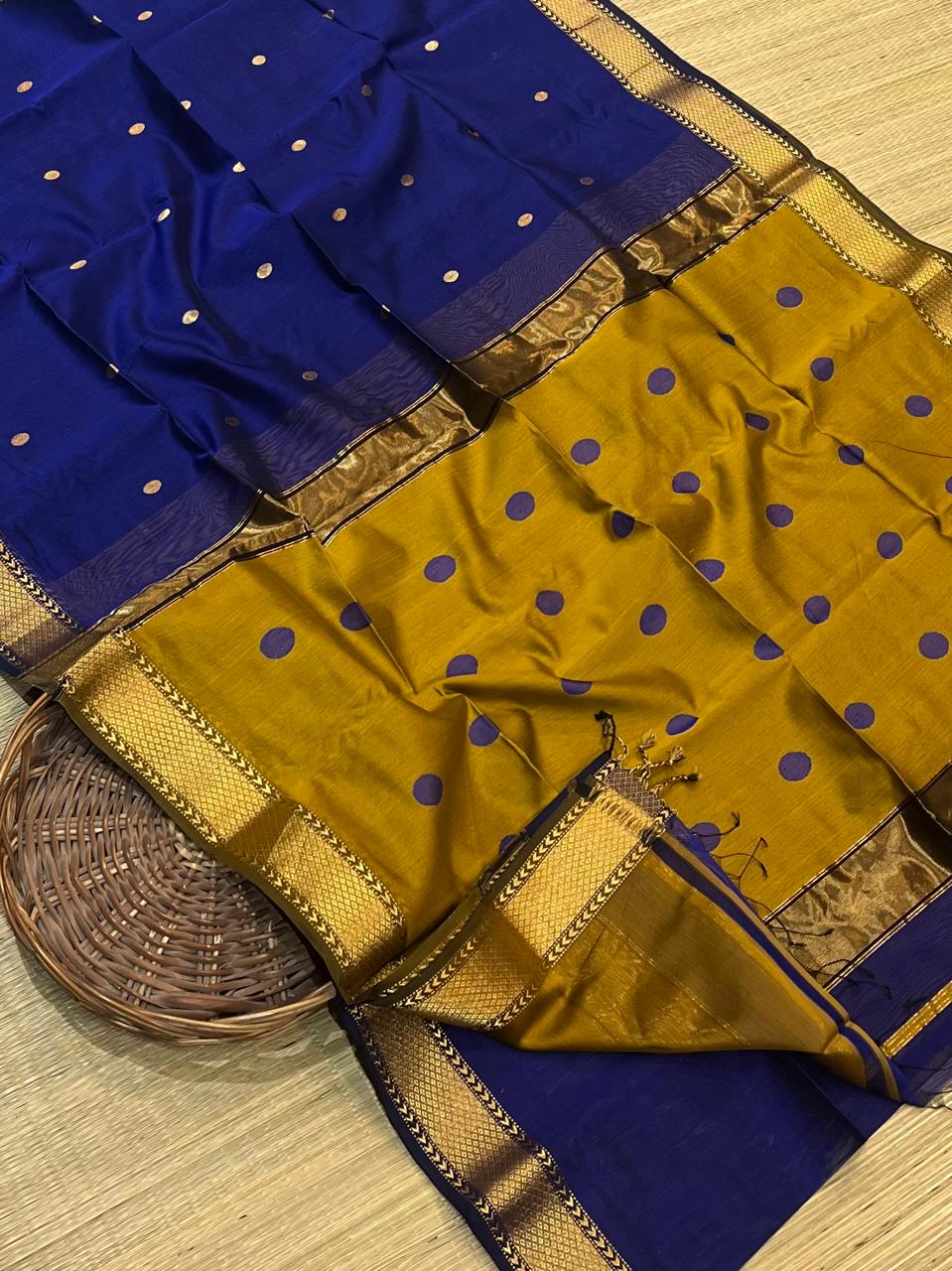 Blue & Gold Mustard Pure Maheshwari Handloom Golden Butti Work Saree