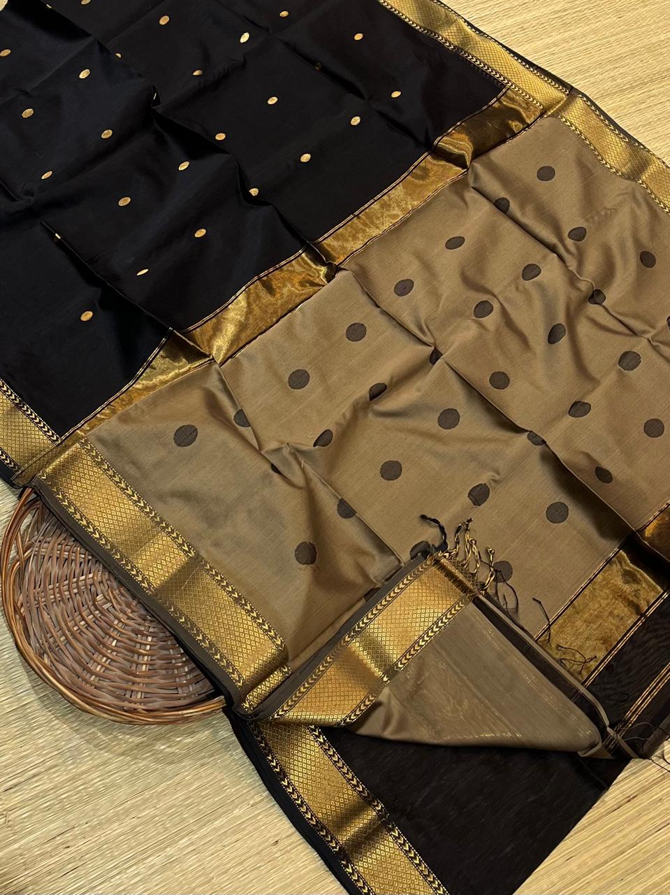 Black Pure Maheshwari Handloom Golden Butti Work Saree
