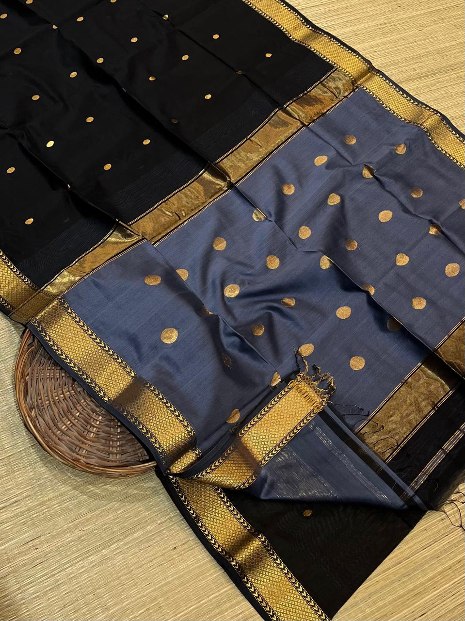 Black Pure Maheshwari Handloom Golden Butti Work Saree