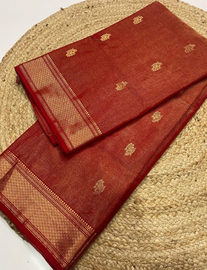 Rust Orange Madhya Pradesh Maheshwari Tissue Handloom Saree