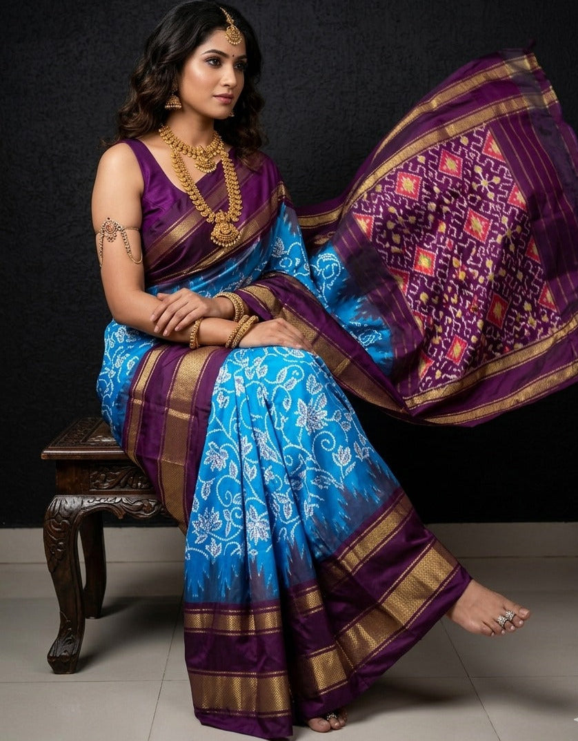 Woman in a blue and purple saree with gold accents sitting on a stool against a dark background.