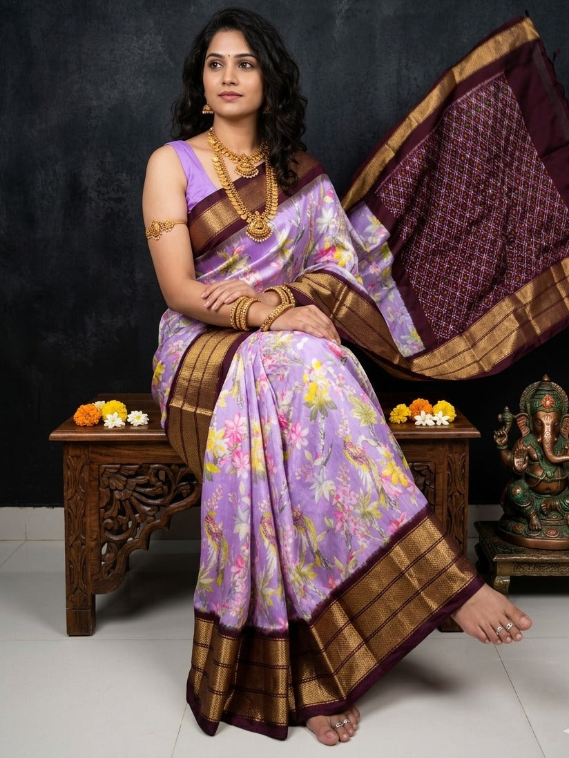 Woman in a traditional saree sitting on a wooden stool with a dark background