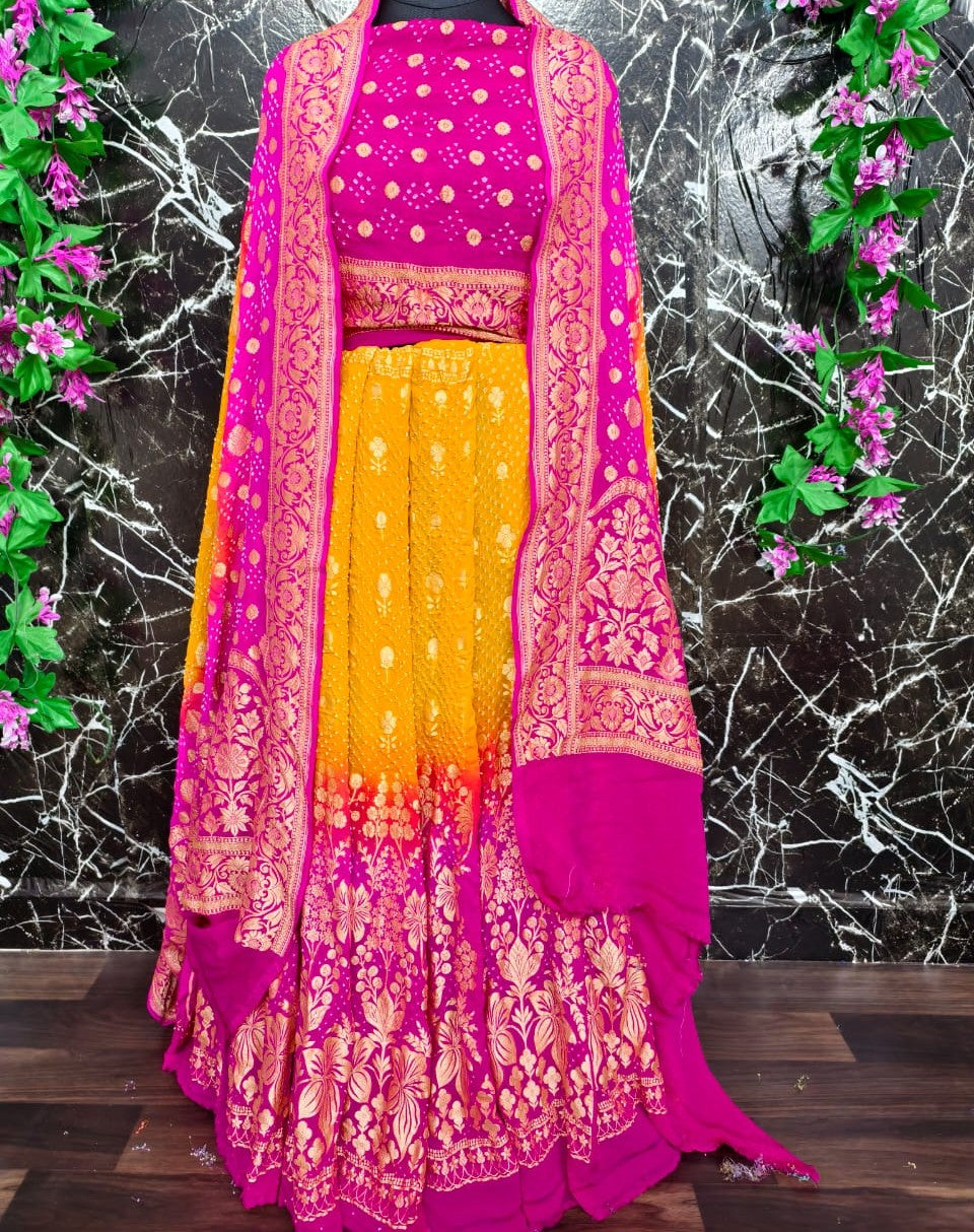 Pure Khadi Georgette Lehenga Choli with Neemzari & Hand Tie-Dye Bandhej Work – 12 Kali