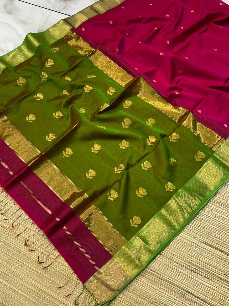 Pink & Green Authentic Maheshwari Handloom Silk Cotton Saree with Lotus Zari Pallu