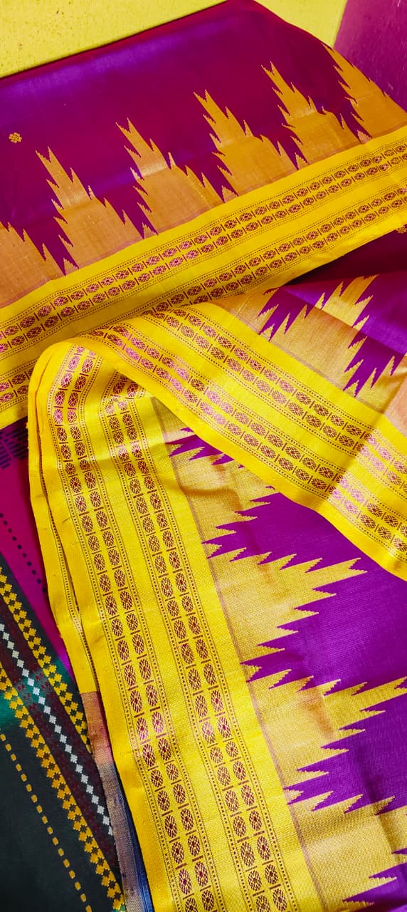 Colorful fabric with purple and yellow patterns on a yellow background