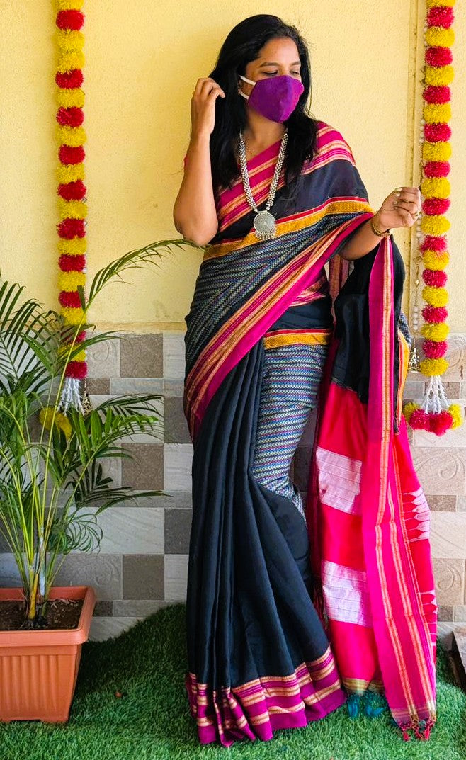 Customised Resham Khan Ilkal Saree | Pink Contrast Border & Pallu | Maharashtrian Handloom
