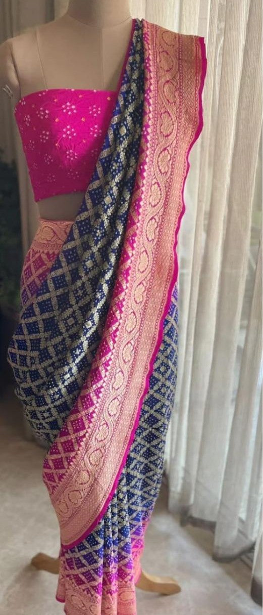 Banarasi Georgette Rai Dana Bandhani Jangla Saree | Luxury Bridal Handloom | 6 Exclusive Colour Combinations