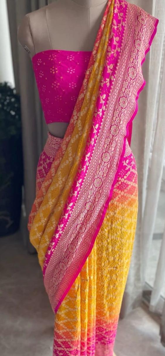 Banarasi Georgette Rai Dana Bandhani Jangla Saree | Luxury Bridal Handloom | 6 Exclusive Colour Combinations