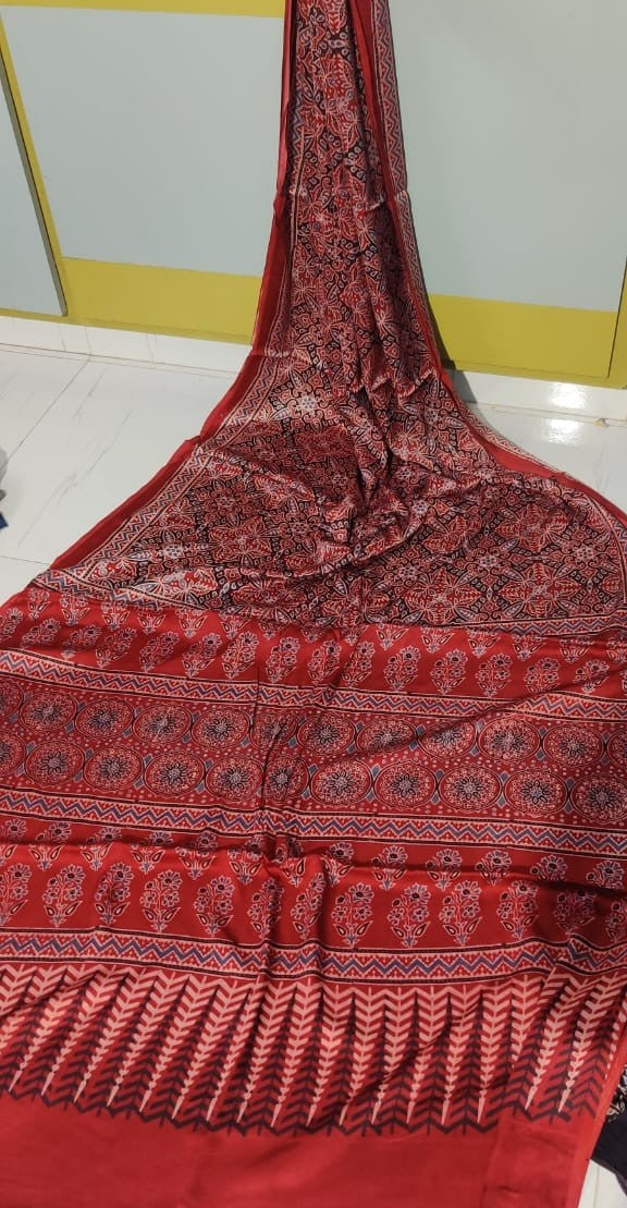Red Color Gujarat Ajrakh Hand Block Print Pure Modal Silk Saree