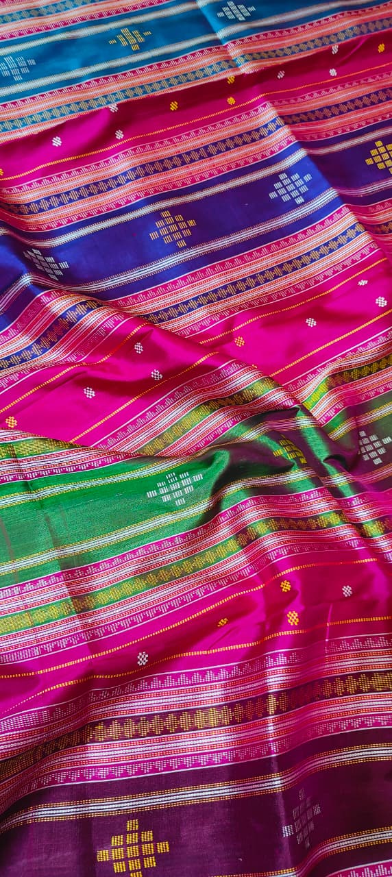 Berhampuri Double Pallu Silk Saree | White with Pink Border & Contrast Buti Blouse