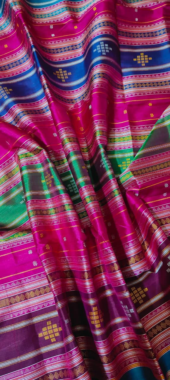 Berhampuri Double Pallu Silk Saree | White with Pink Border & Contrast Buti Blouse