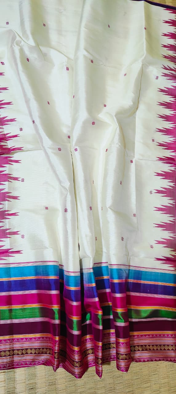 Berhampuri Double Pallu Silk Saree | White with Pink Border & Contrast Buti Blouse
