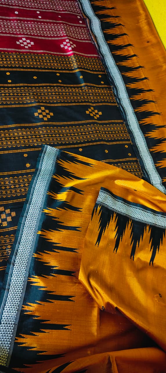 Berhampuri Double Pallu Silk Saree | Rusty Copper with Black Temple Border