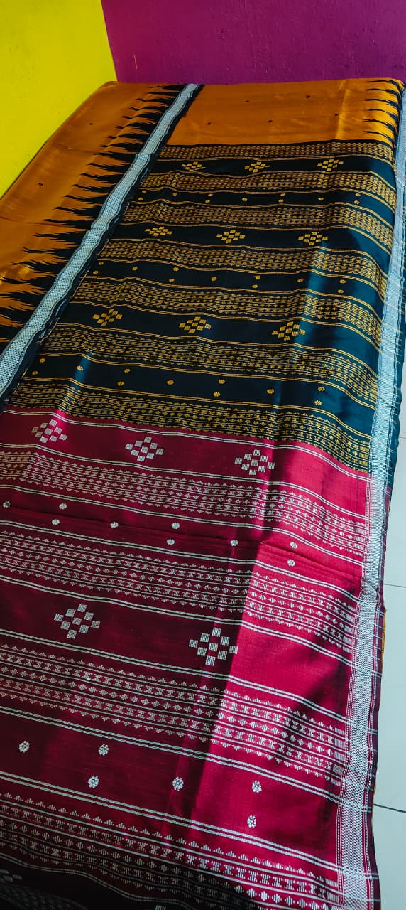 Berhampuri Double Pallu Silk Saree | Rusty Copper with Black Temple Border