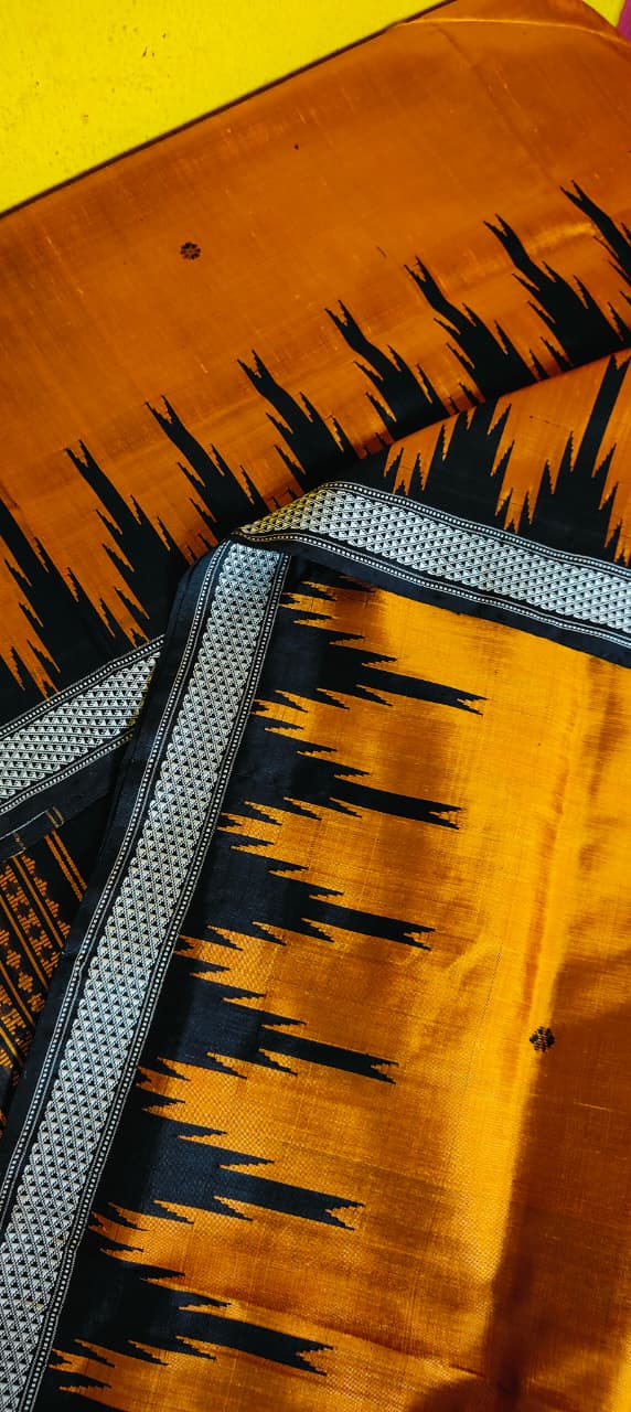 Berhampuri Double Pallu Silk Saree | Rusty Copper with Black Temple Border