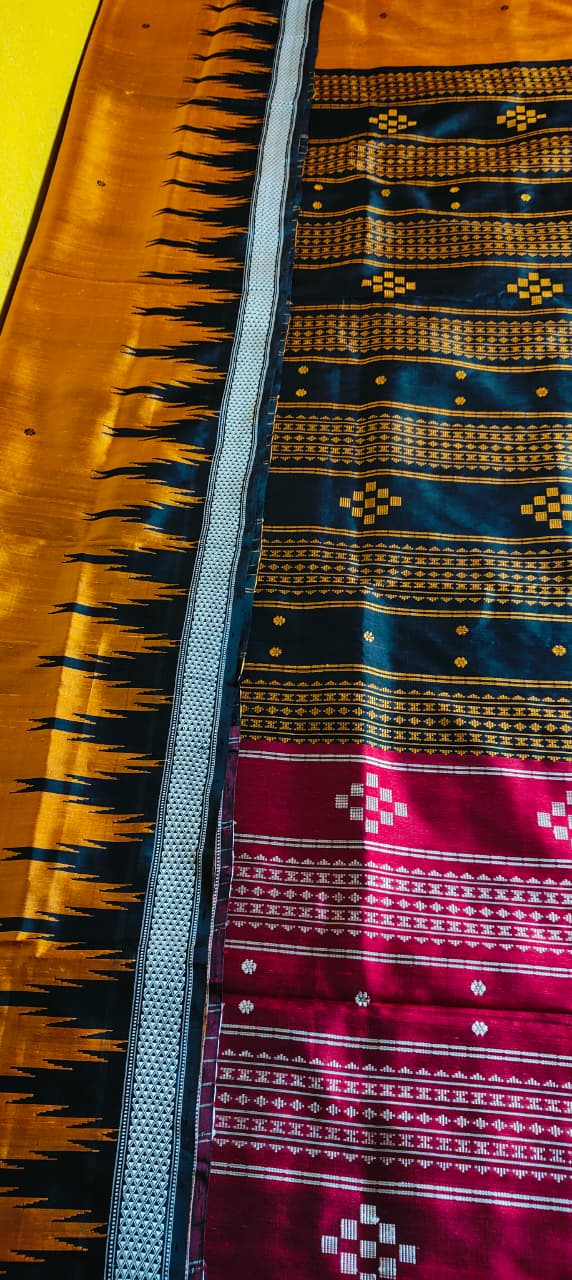 Berhampuri Double Pallu Silk Saree | Rusty Copper with Black Temple Border