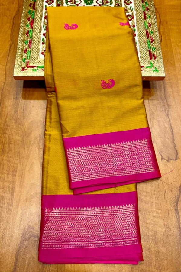 Mustard Yellow Silk Saree | Magenta Pink Zari Border | Pink Butta