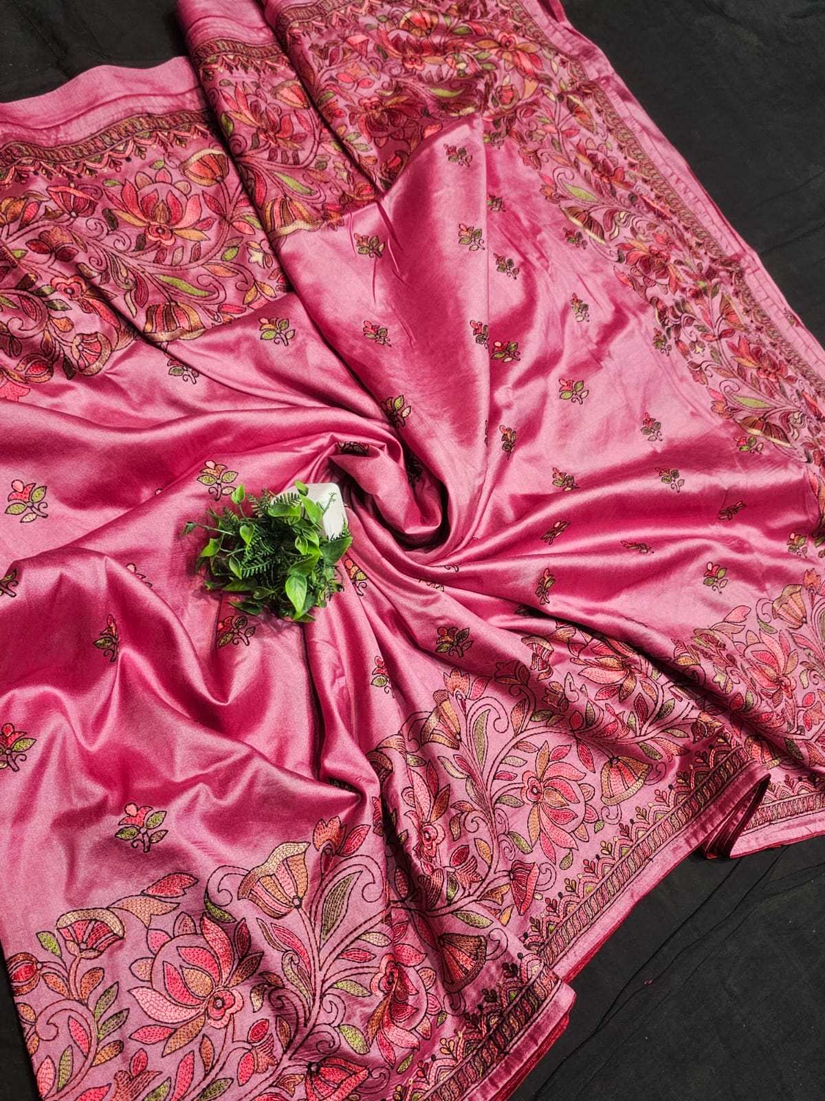 Rose Pink Chhattisgarh Handloom Semi Tussar Saree | Kashmiri Kantha Embroidery | Party & Wedding Saree