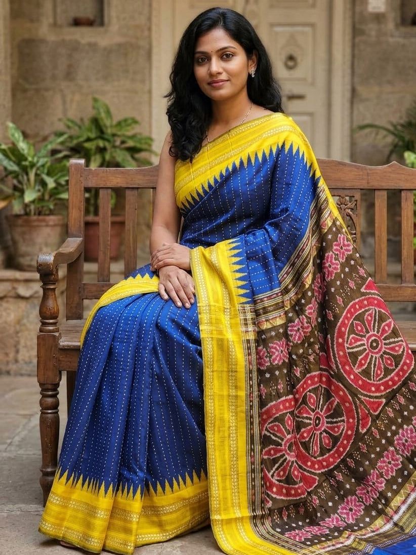 Chhattisgarh Handloom Pure Raw Silk Saree | Vidarbha Temple Border, Ikat Pallu