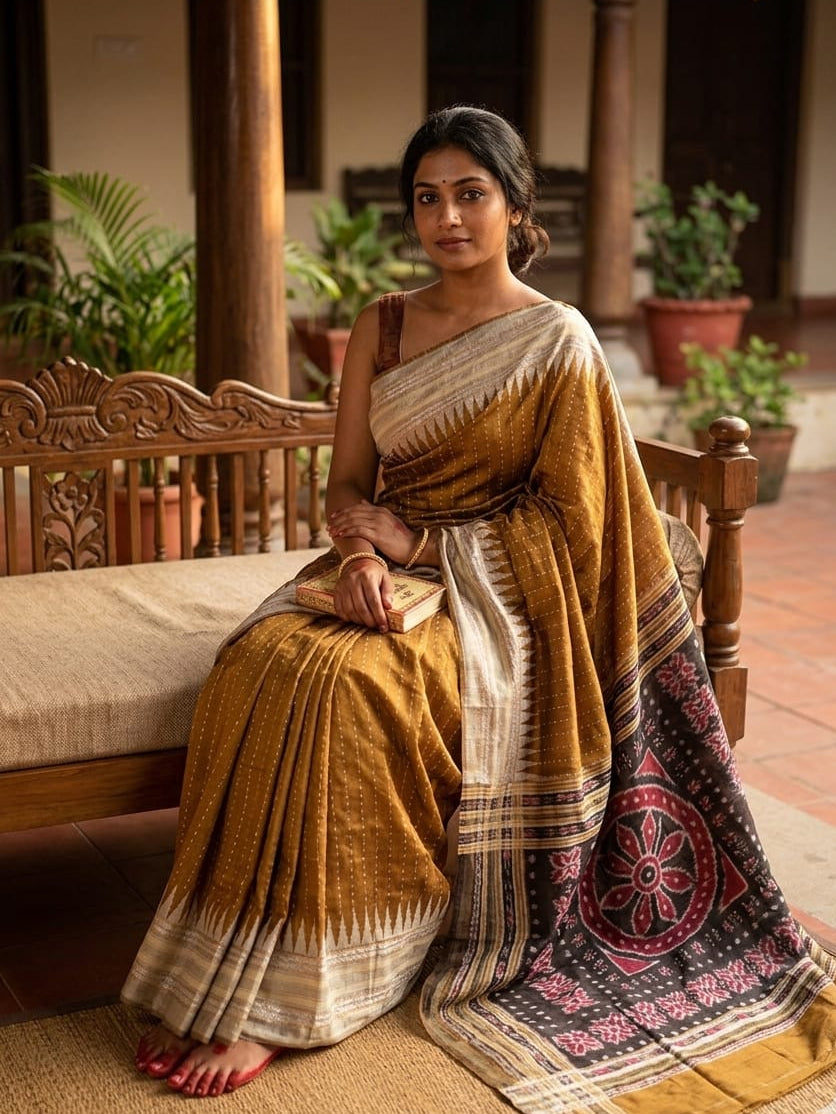 Chhattisgarh Handloom Pure Raw Silk Saree | Vidarbha Temple Border, Ikat Pallu