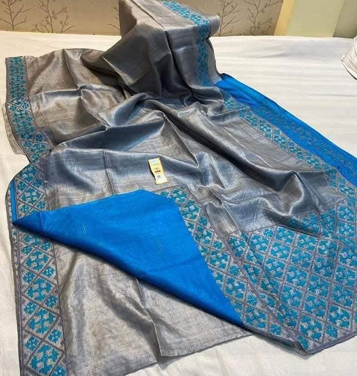 Bhagalpuri Pure Tussar Silk Handloom Kutch Embroidery Saree With Contrast Blouse Piece