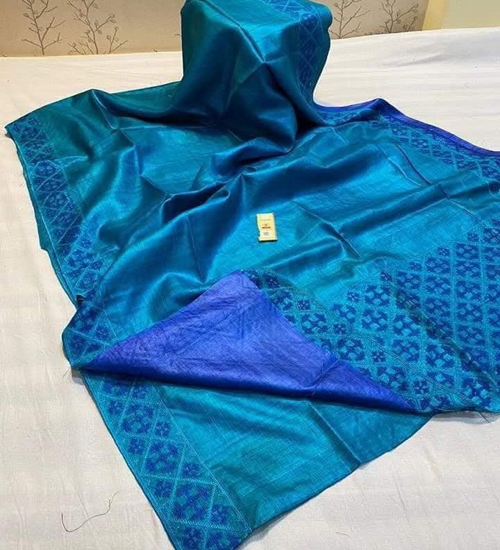 Bhagalpuri Pure Tussar Silk Handloom Kutch Embroidery Saree With Contrast Blouse Piece