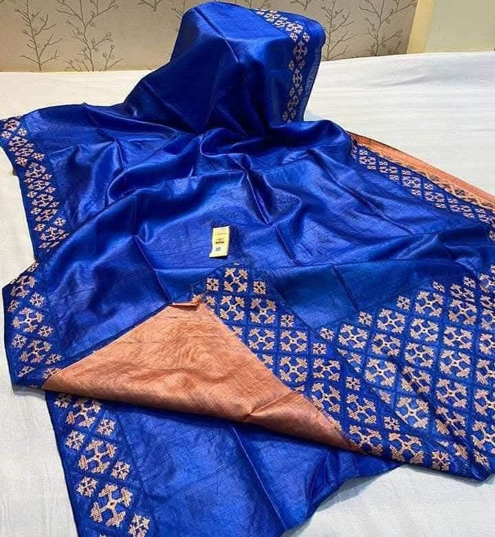 Bhagalpuri Pure Tussar Silk Handloom Kutch Embroidery Saree With Contrast Blouse Piece